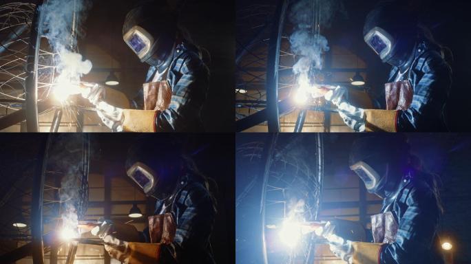 女焊工焊花呲花职业技能培训钢筋笼焊接施工