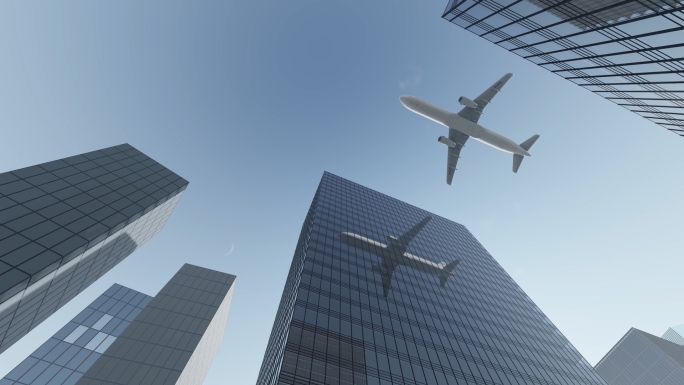 飞机飞过城市大楼楼顶