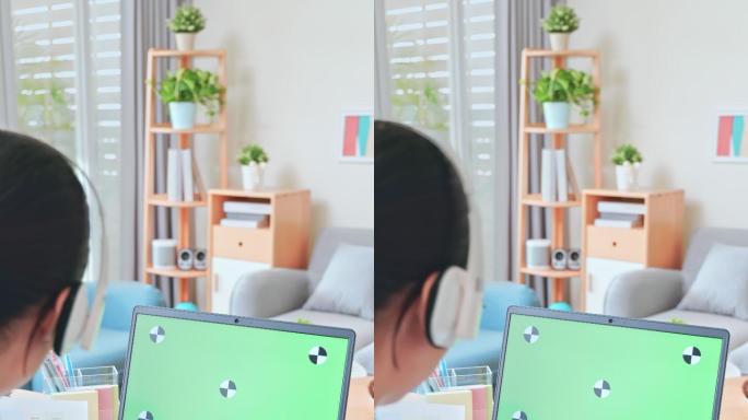 女商人使用绿屏笔记本电脑