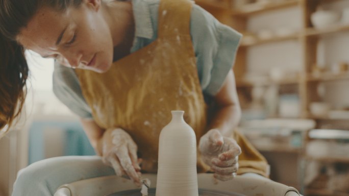 创意女性在陶艺工作室制作粘土花瓶