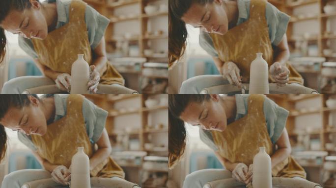 创意女性在陶艺工作室制作粘土花瓶