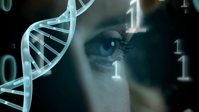 蓝眼睛特写背景上的DNA动画