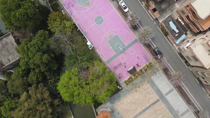 航拍粉红色篮球场