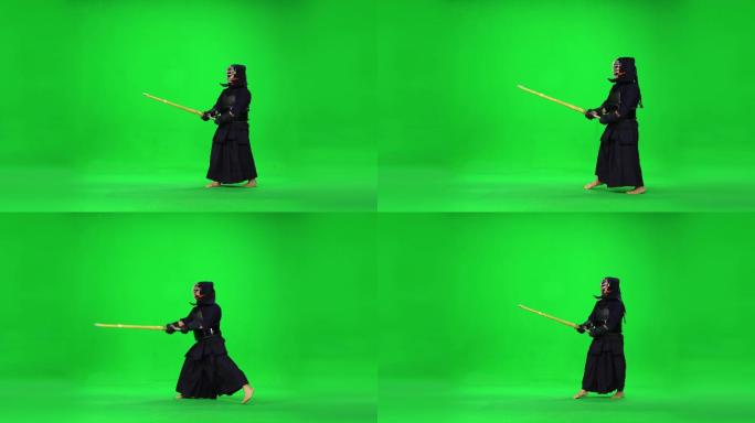 剑道战士在绿色屏幕上练习武术