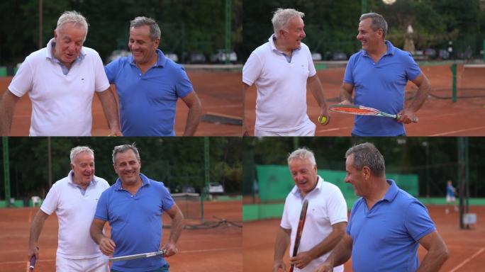 两个快乐的老朋友在网球场上