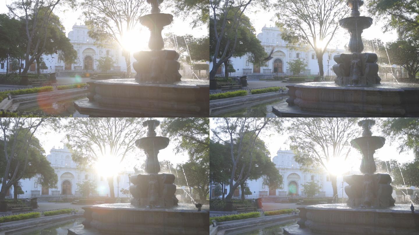 安提瓜危地马拉中央公园塞壬斯喷泉日出