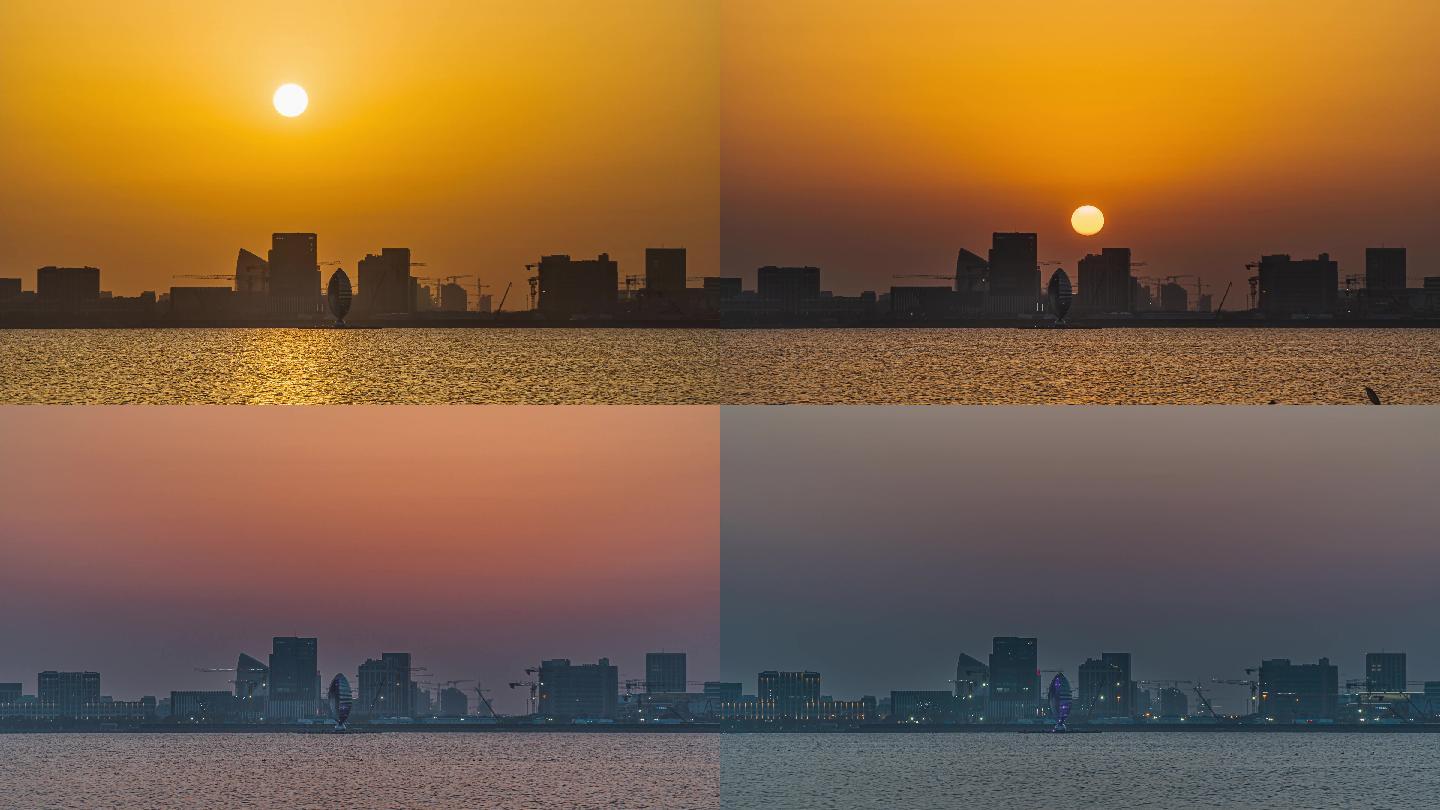 上海南汇临港滴水湖日落夕阳城市剪影天际线