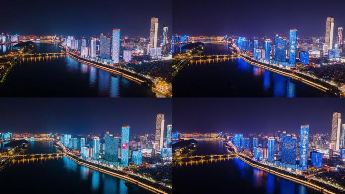 4K湖南长沙湘江城市夜景航拍灯光秀延时