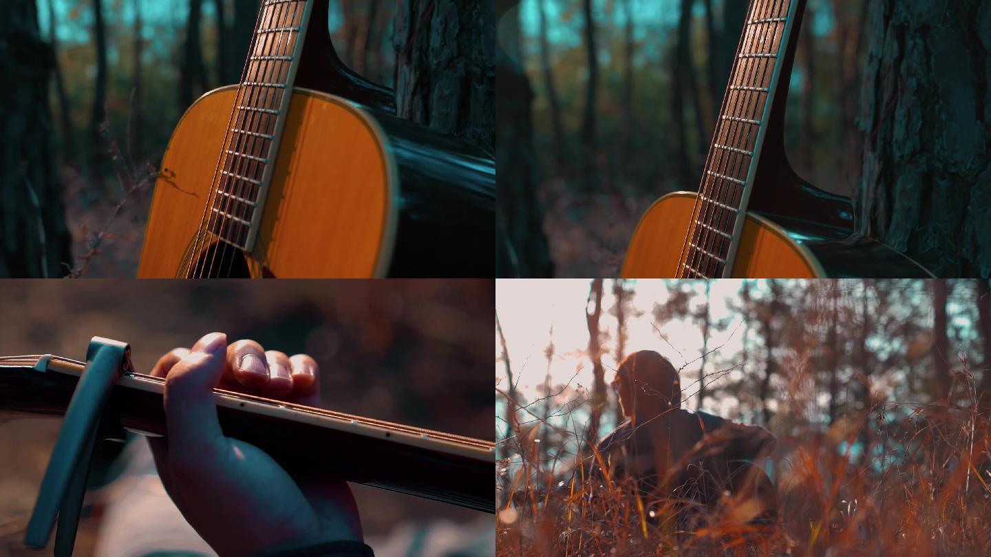 吉他靠着树夕阳下弹吉他