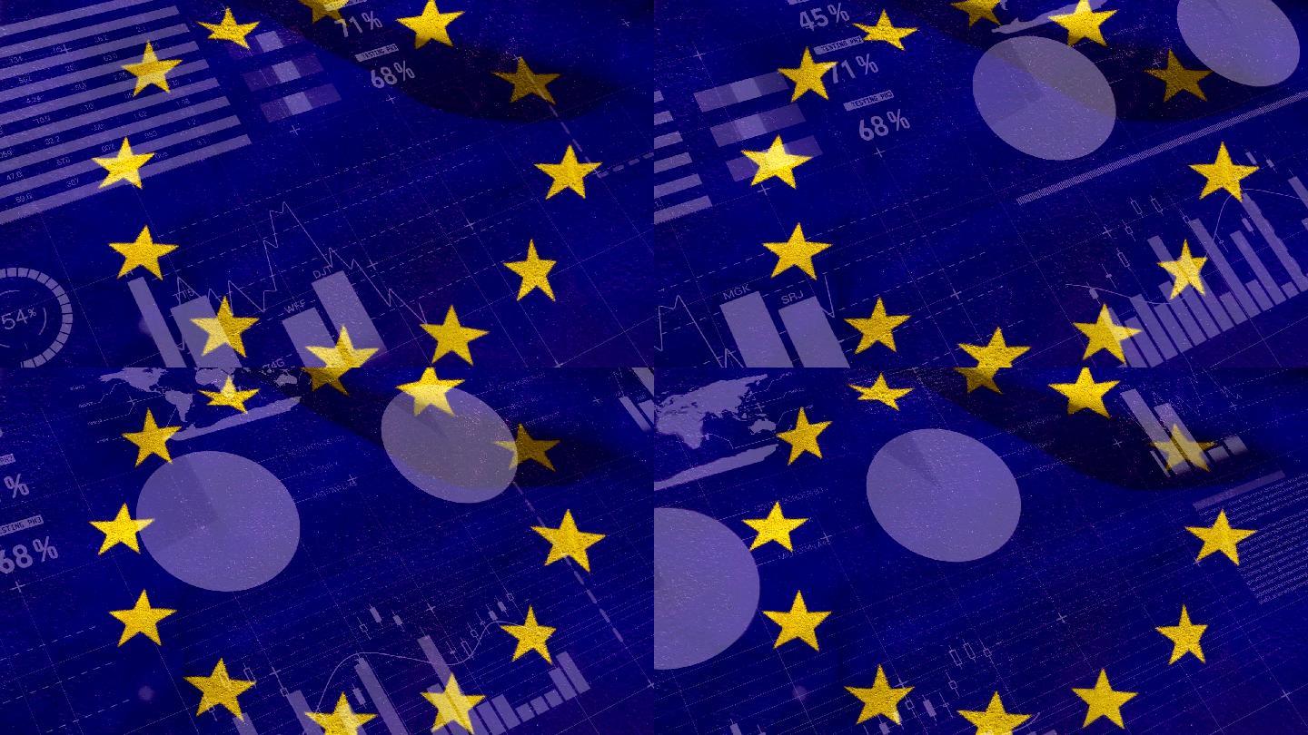 欧盟数据处理动画星旗五角星自由飘扬飘飘