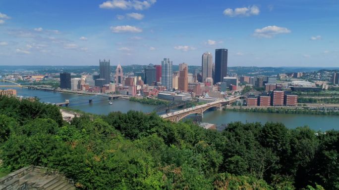 匹兹堡天际线航拍视频城中河大景全貌