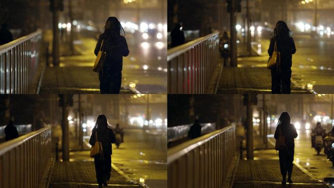 深夜北京，城市女人背影，雪夜孤独行走