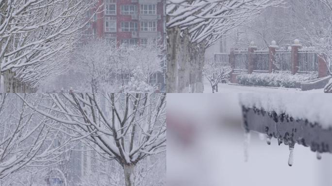 北京大雪特写空境，街道雪景，下雪小区飘雪