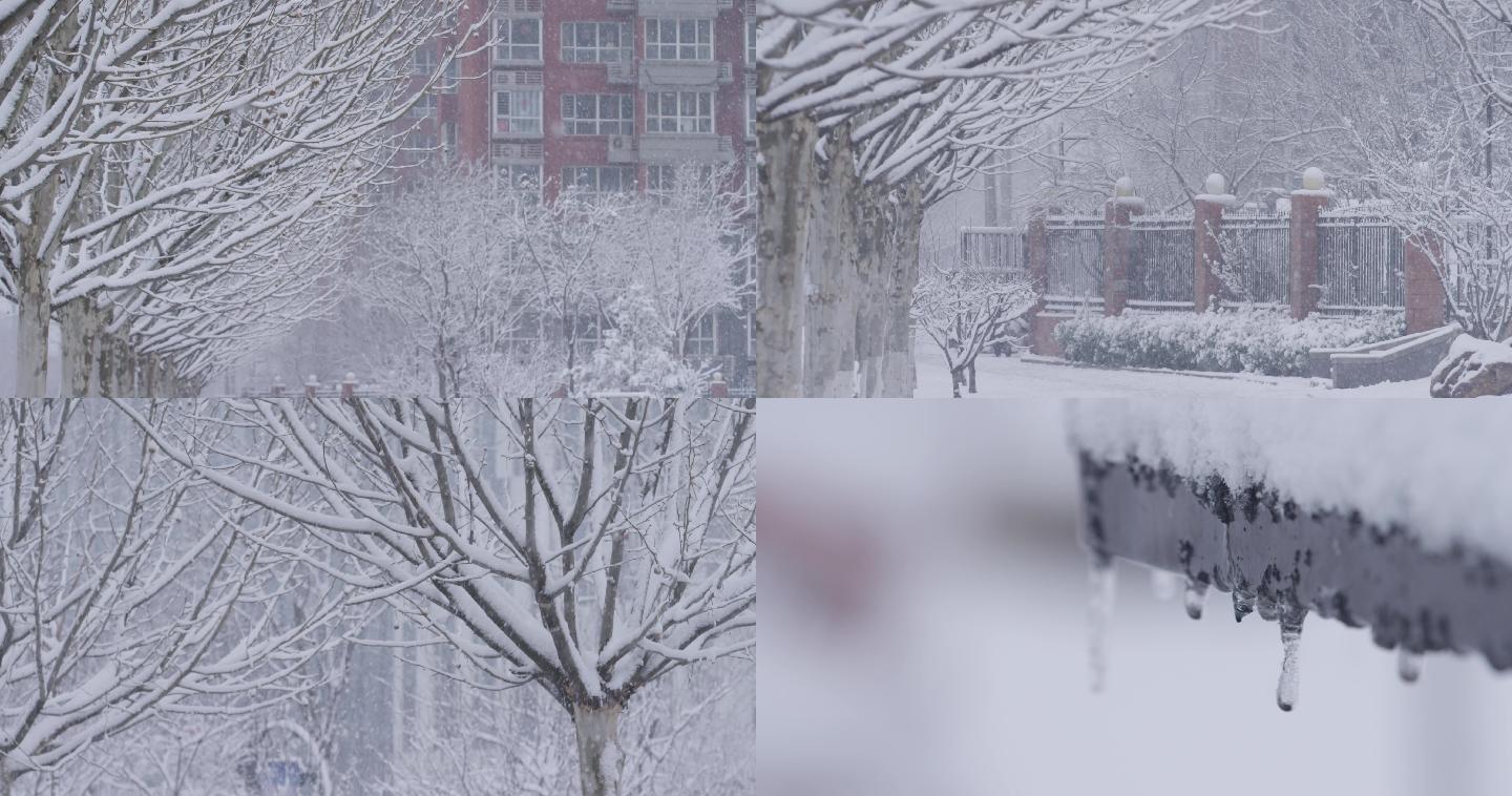 北京大雪特写空境，街道雪景，下雪小区飘雪
