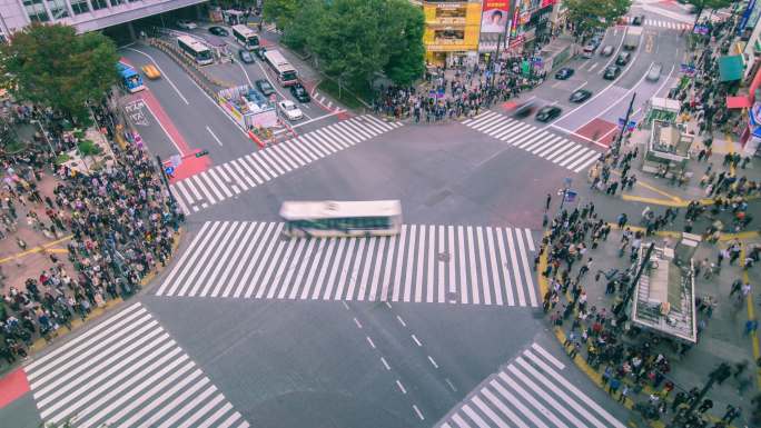 俯瞰涉谷路口高角度视野鸟瞰步行