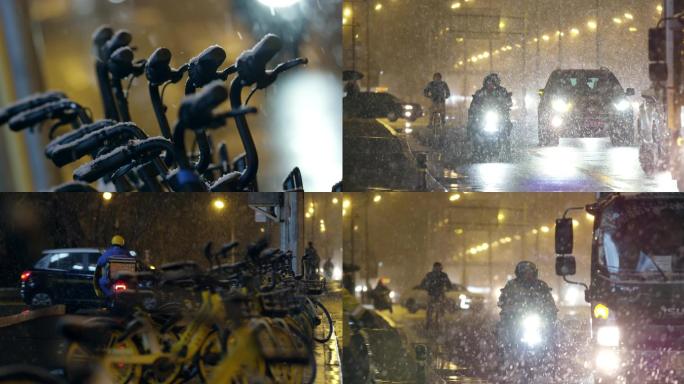 伤感街景升格北京雪夜奋斗的人城市鹅毛大雪