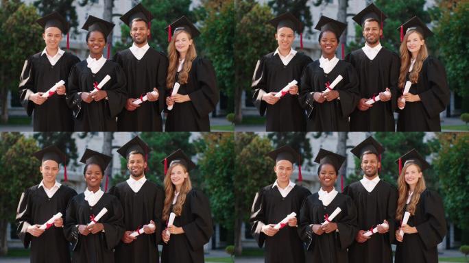 一群学生毕业后穿着毕业服，戴着毕业帽拍照
