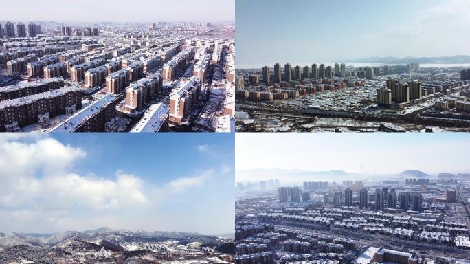 航拍城市山城雪景