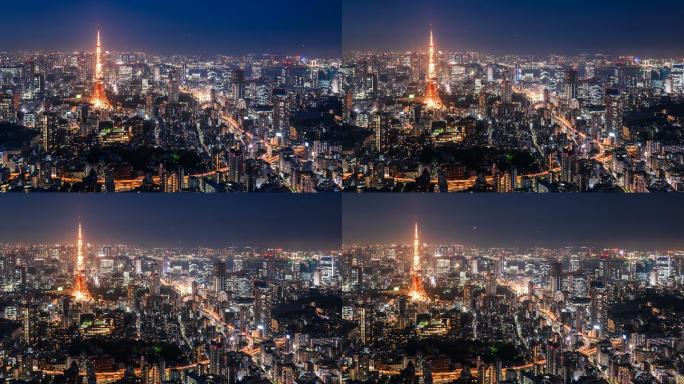 延时黄昏到夜晚东京塔和城市景观。