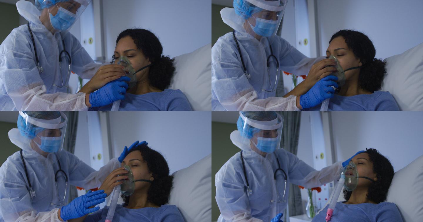 女医生给住院的女性戴上氧气面罩呼吸机