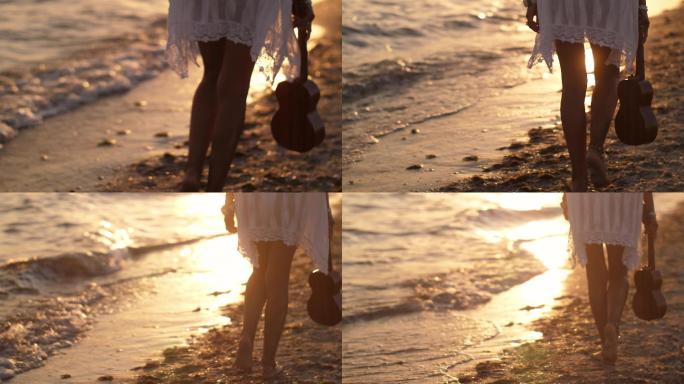 夏日海滩上戴着四弦琴的女人