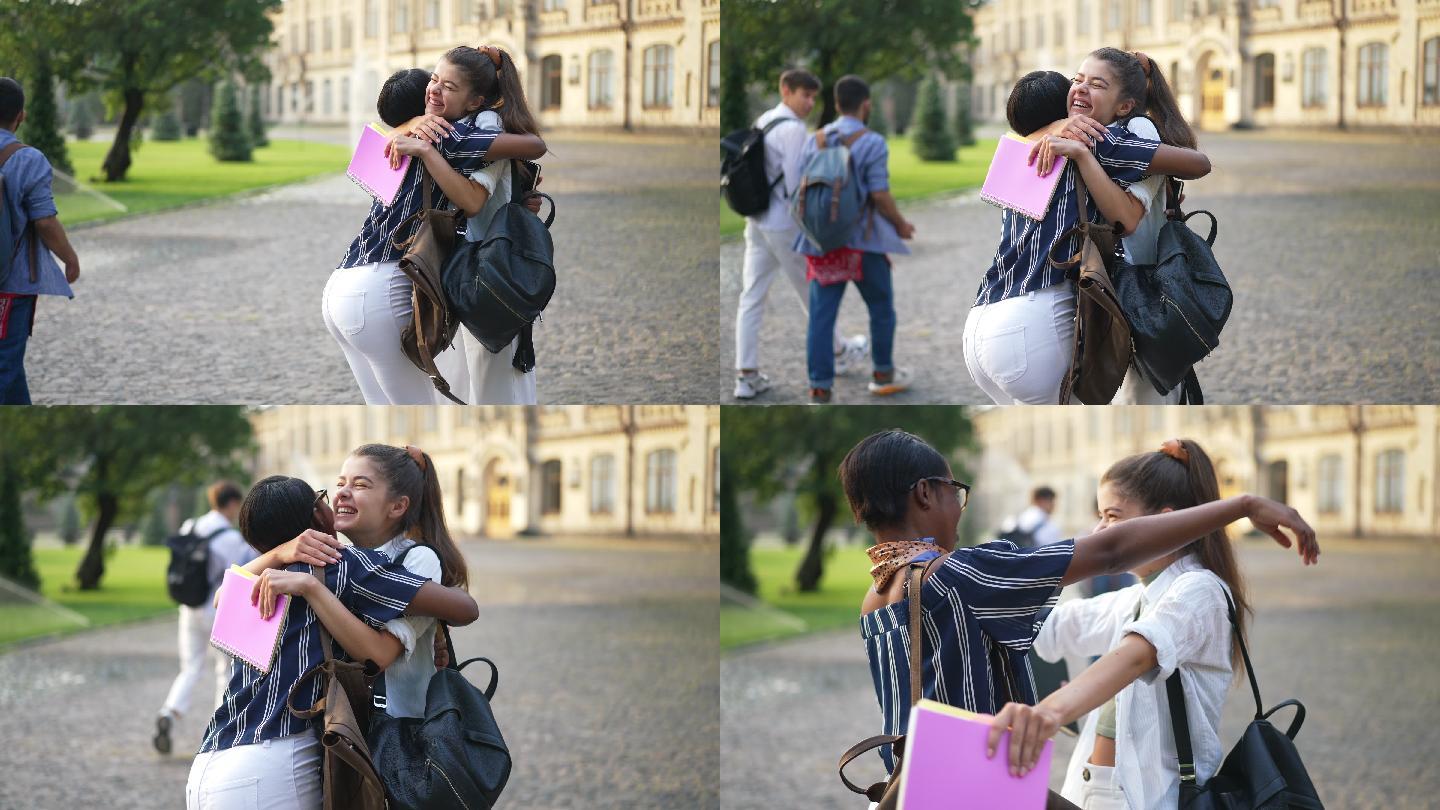 母亲和女儿在校园拥抱