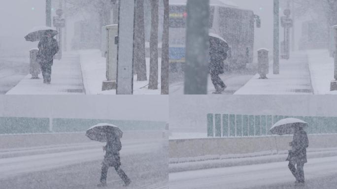 北京暴雪，下雪街道，城市大雪行人