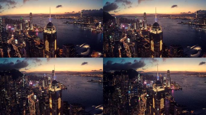 香港夜景鸟瞰图香港航拍延时国际化维多利亚