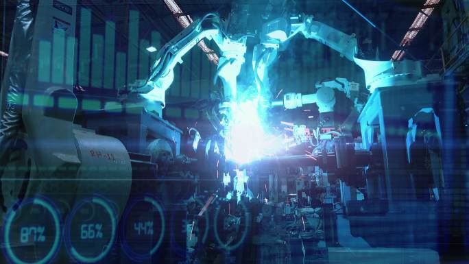 工业机器人在工厂背景下焊接汽车零件