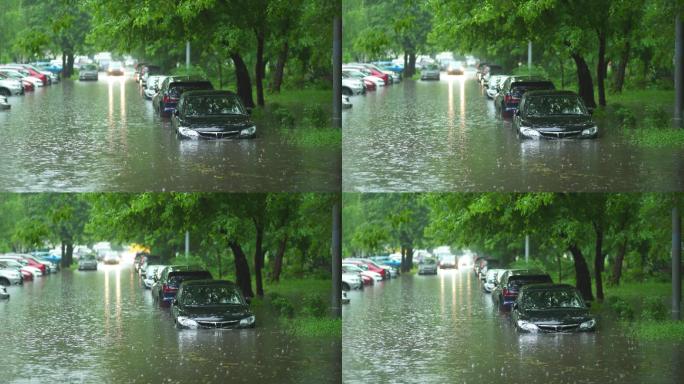 城市街道上的汽车被淹没
