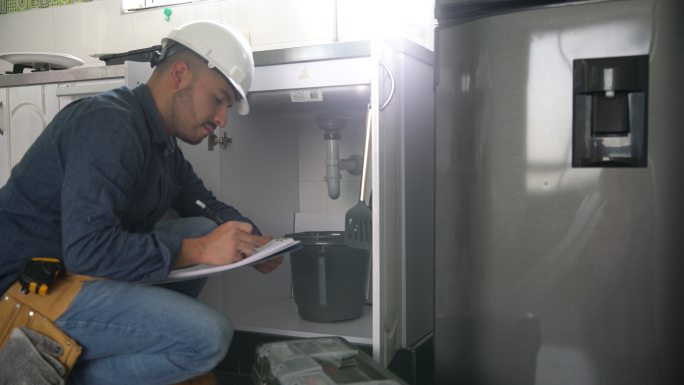 水管工正在检查厨房水槽的清单和管道