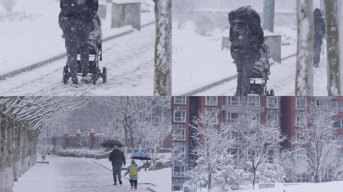 大雪特写，北京城市下雪街道，行人幸福时刻