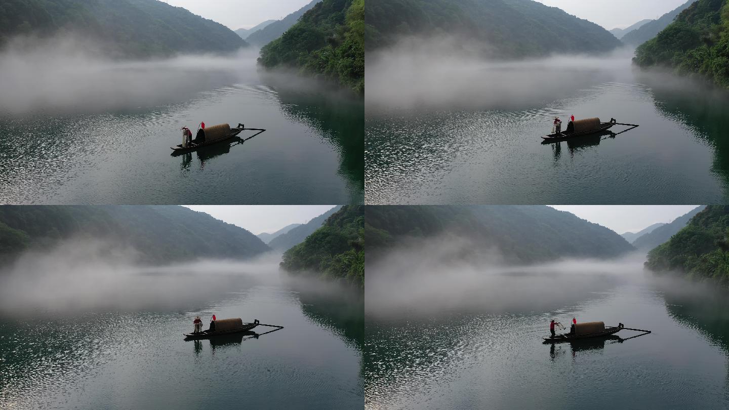 【4K正版素材】湖南小东江晨雾中的渔船