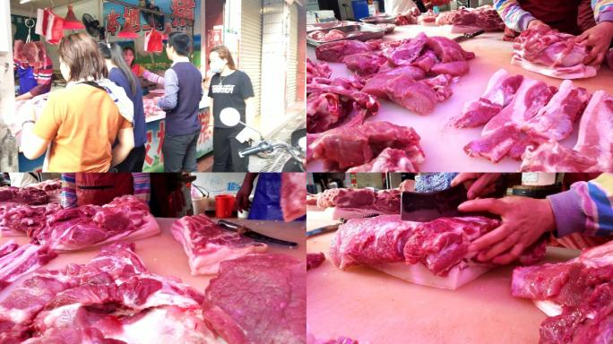 猪肉摊卖本地土猪肉市场肉行出售猪肉