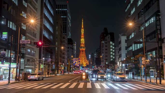 东京塔夜间高速交通的4K超高清延时