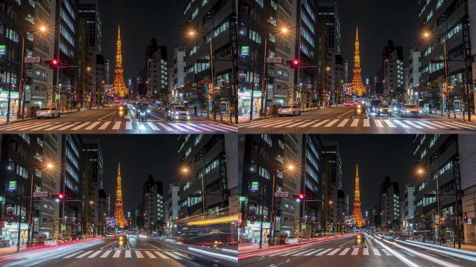 东京塔夜间高速交通的4K超高清延时