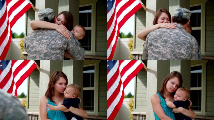 年轻的妇女和婴儿向士兵告别