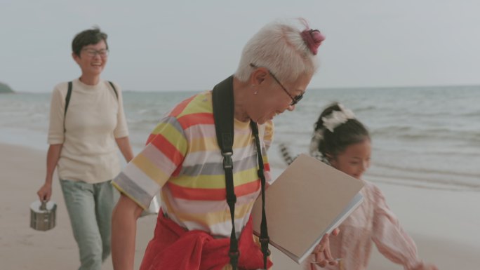 时髦的祖母旅游度假一家人老少海边