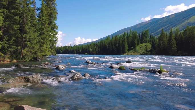 新疆喀纳斯湖森林公园水流晴天夏季素材