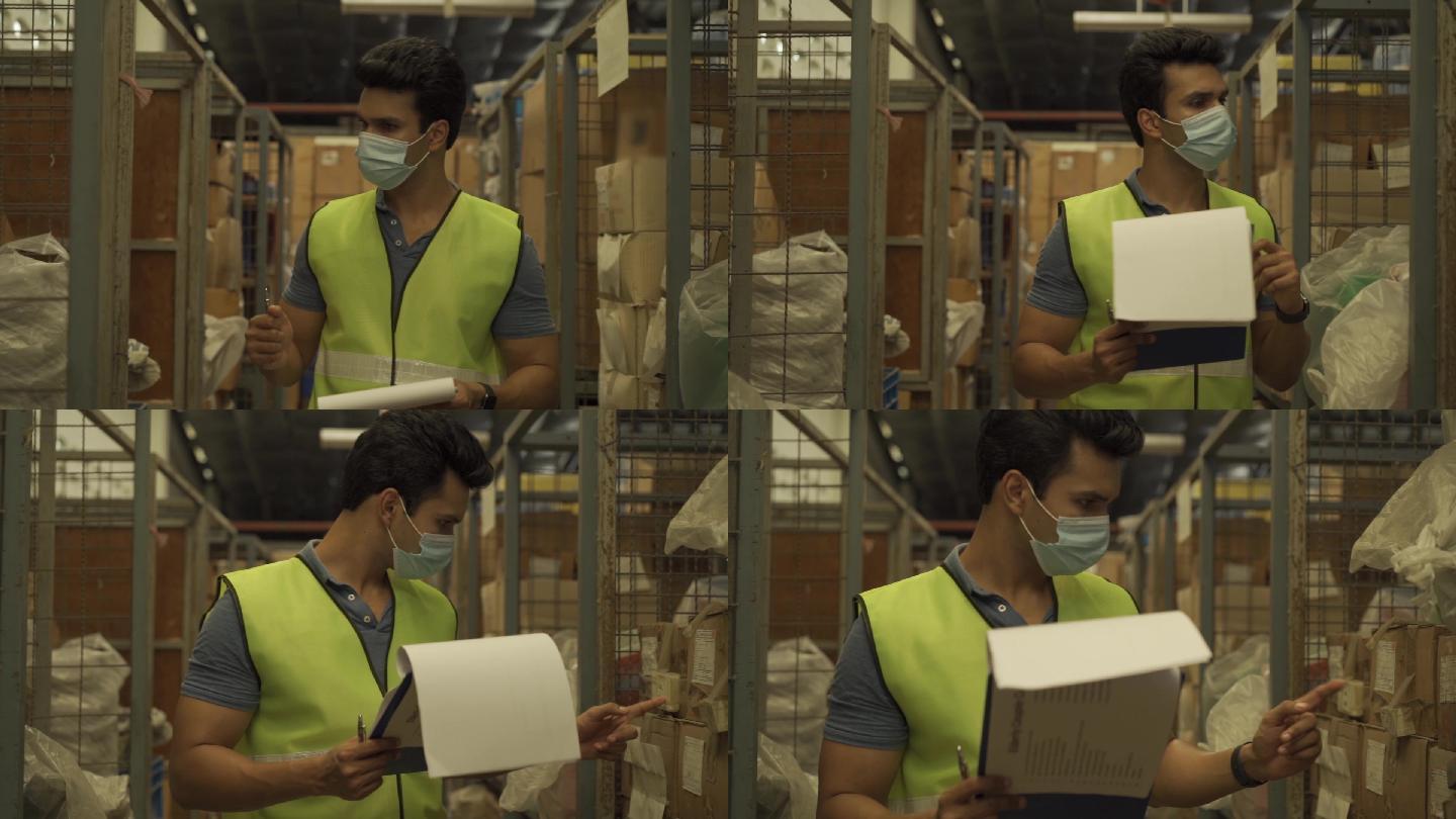 仓库工人在工作时戴着防护面罩整理货物