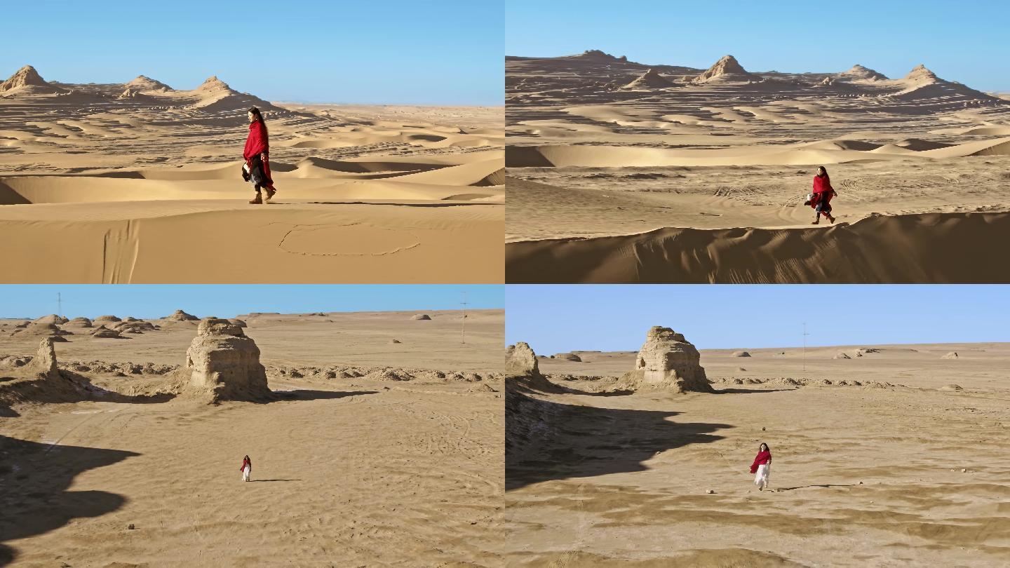 戈壁沙漠里奔跑的红衣女孩