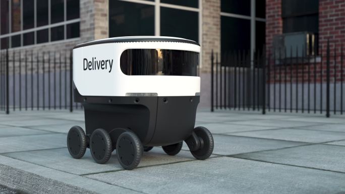 自动送货机器人服务在城市街道上行驶