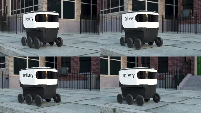 自动送货机器人服务在城市街道上行驶