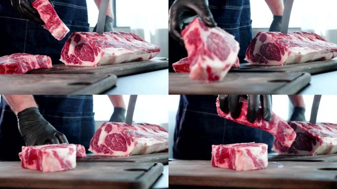 厨师用刀在木板上切生肉