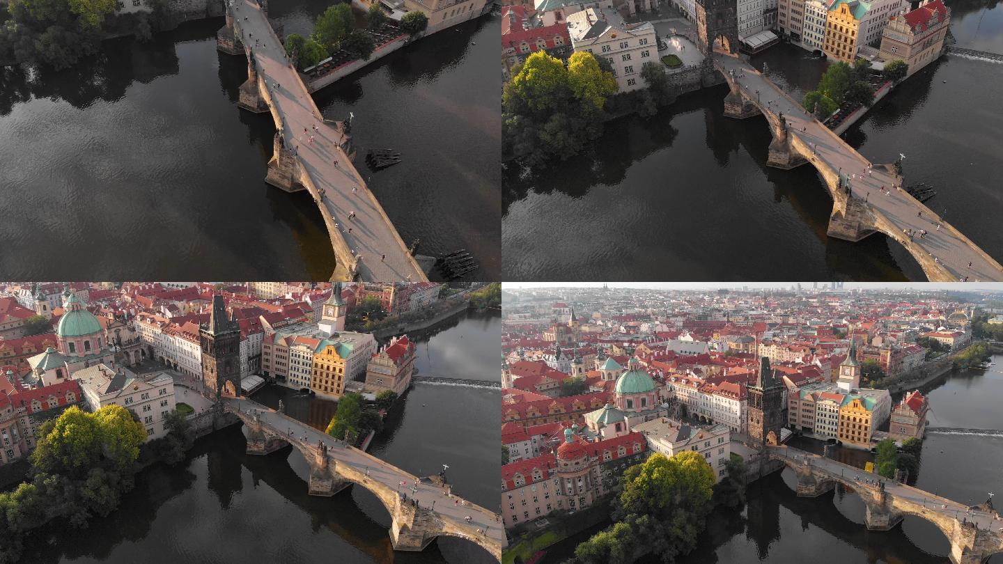 暮色中布拉格与伏尔塔瓦河的鸟瞰图