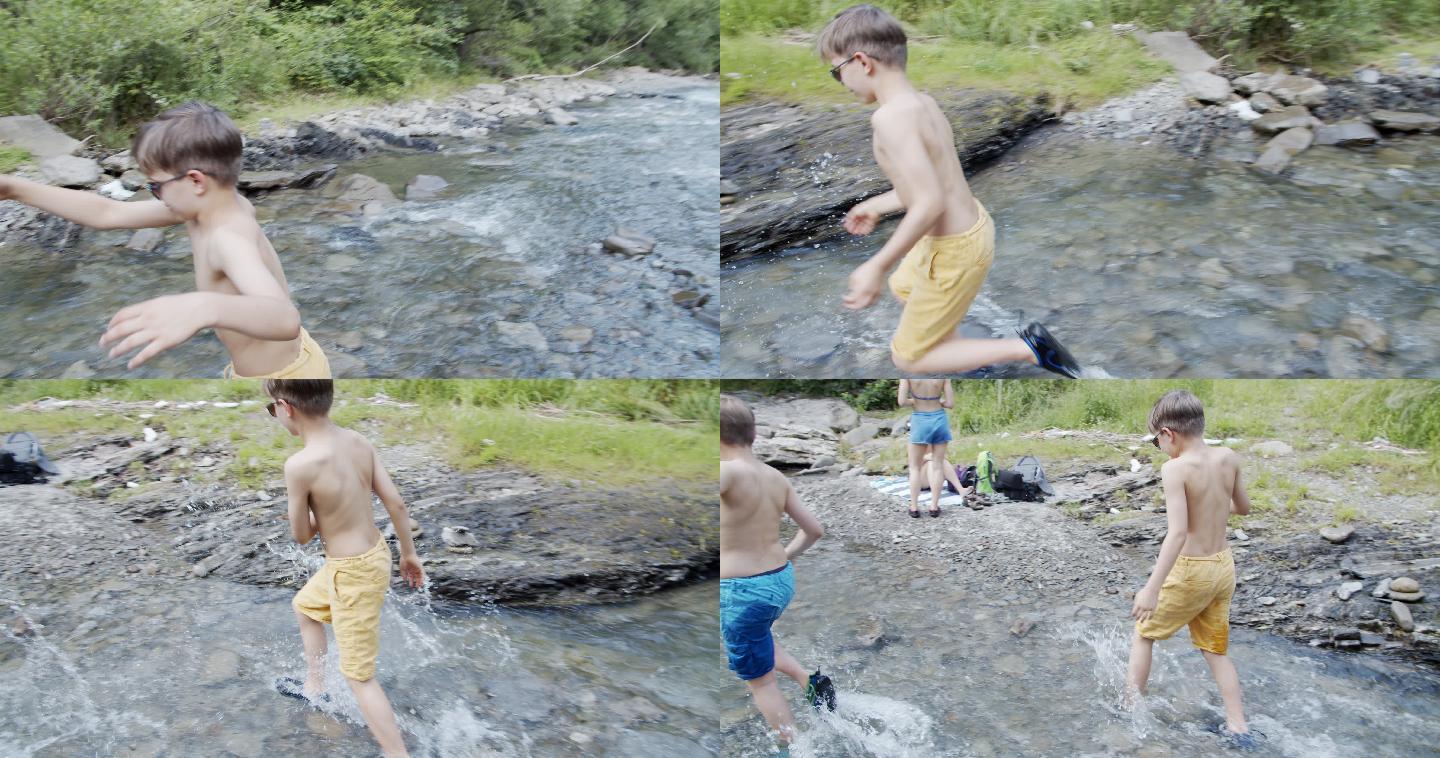 小溪边玩耍的孩子野泳戏水溪水