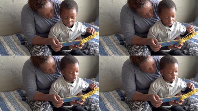 妇女和可爱的小男孩在家里看书
