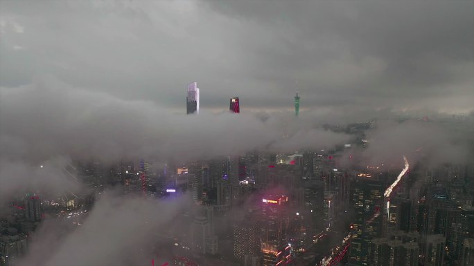 航拍广州新中轴线地标云海夜景