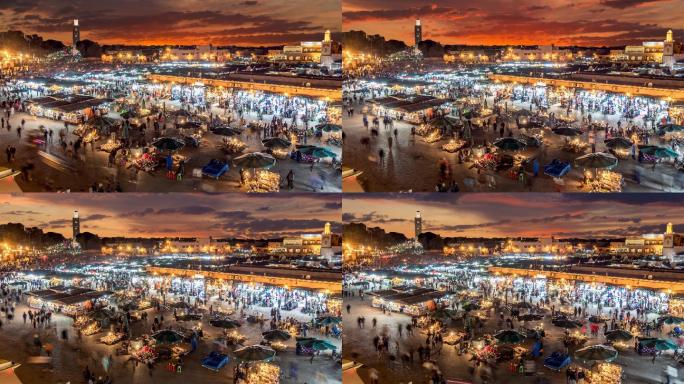 摩洛哥马拉喀什夜晚夜景人流国外出国旅游路