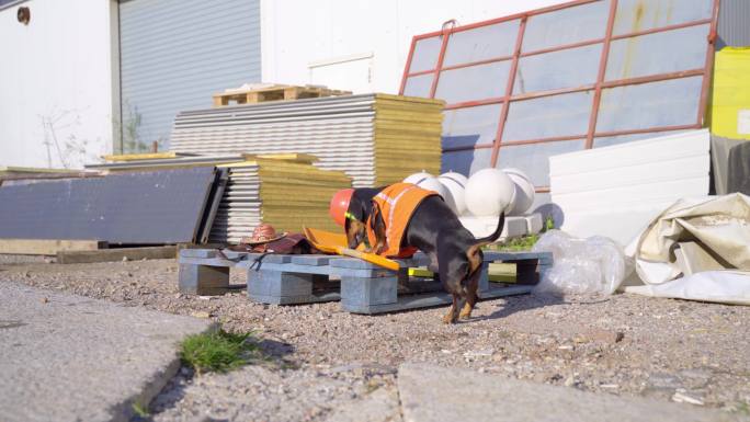 滑稽的猎犬穿着橙色的建筑工服